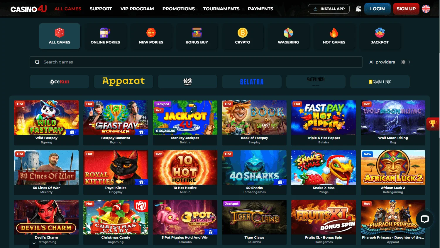Casino4u desktop games catalogue with pokies, live casino and table games