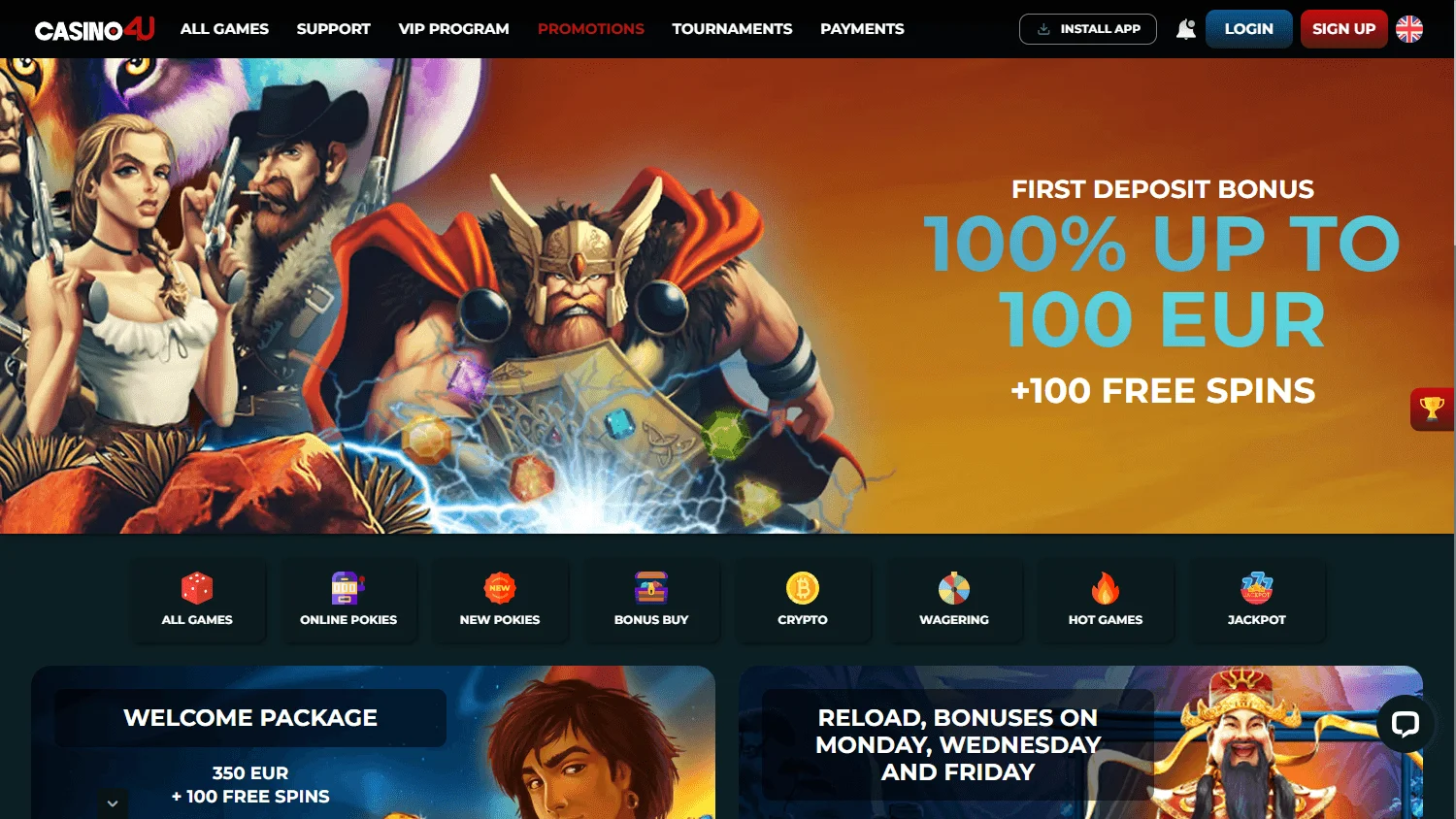 Casino4u desktop promotions including welcome, reload and free-spin offers