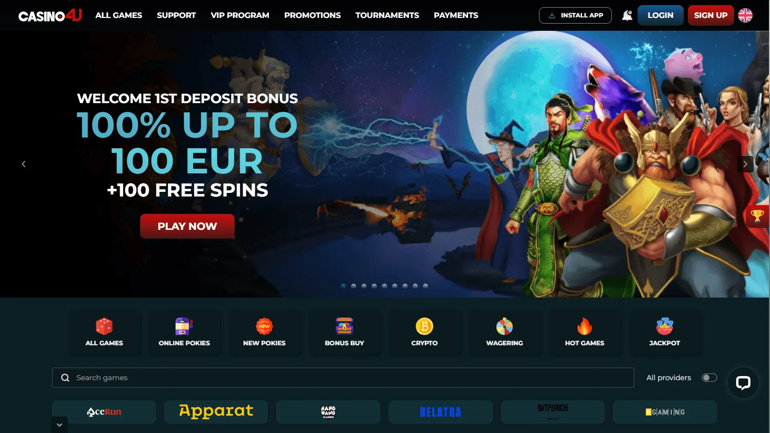 Casino4u desktop home experience with the welcome package and casino offering