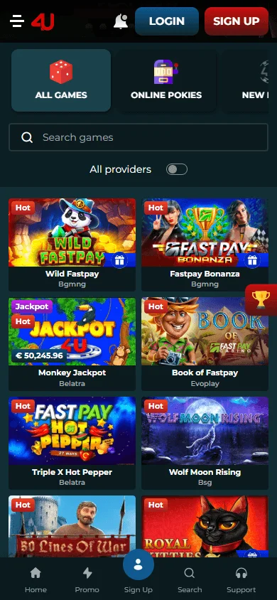 Casino4u mobile games catalogue with pokies and casino table games